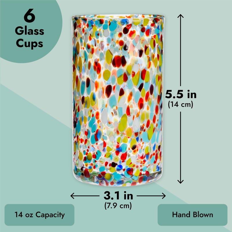 Okuna Outpost Hand Blown Mexican Glassware - Confetti Hand Blown Glasses for Cocktails & Beverages - Reusable Rock Tumblers & Handblown Drinkware - Pack of 6, 14 oz, Multicolor - Image 3